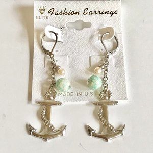 Nautical Anchor Earrings Pearl Aqua Stone Dangle Silver Plated Island